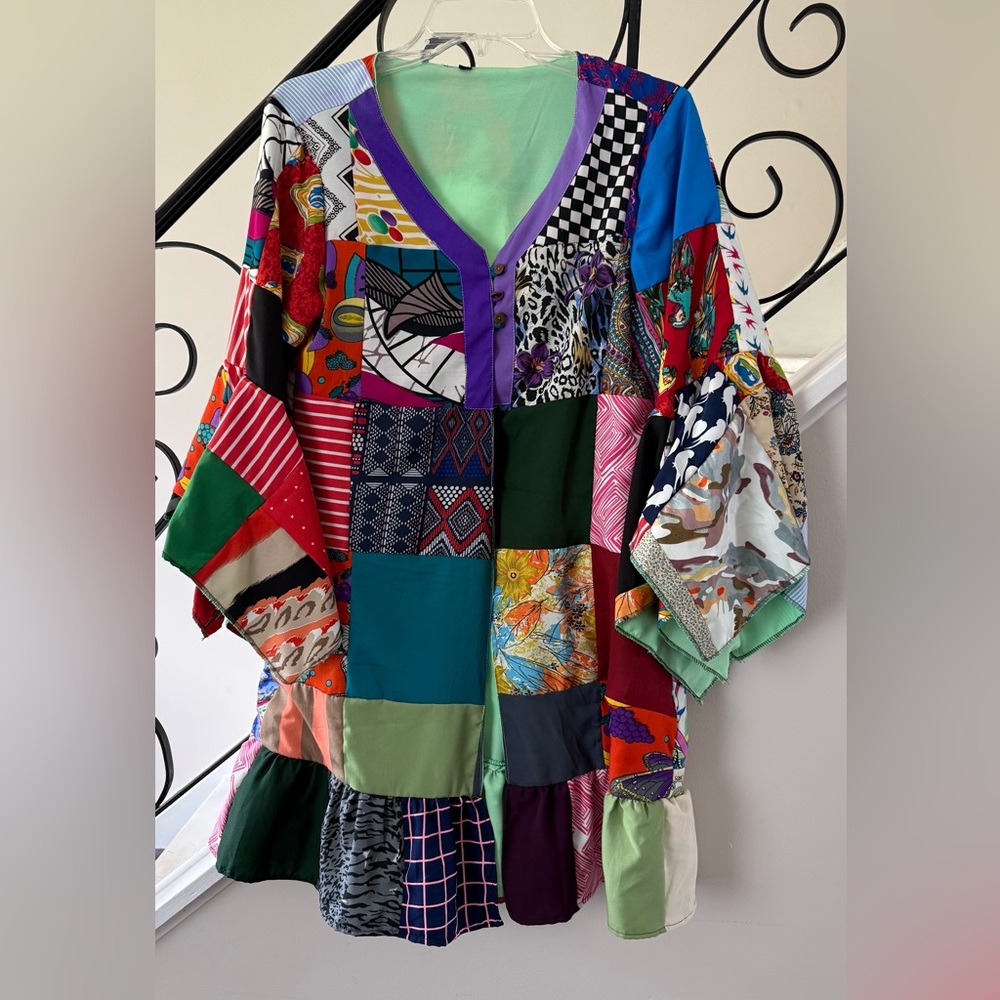 One of a kind Multicolor Patchwork V-Neck Boho Jacket Drama Sleeves